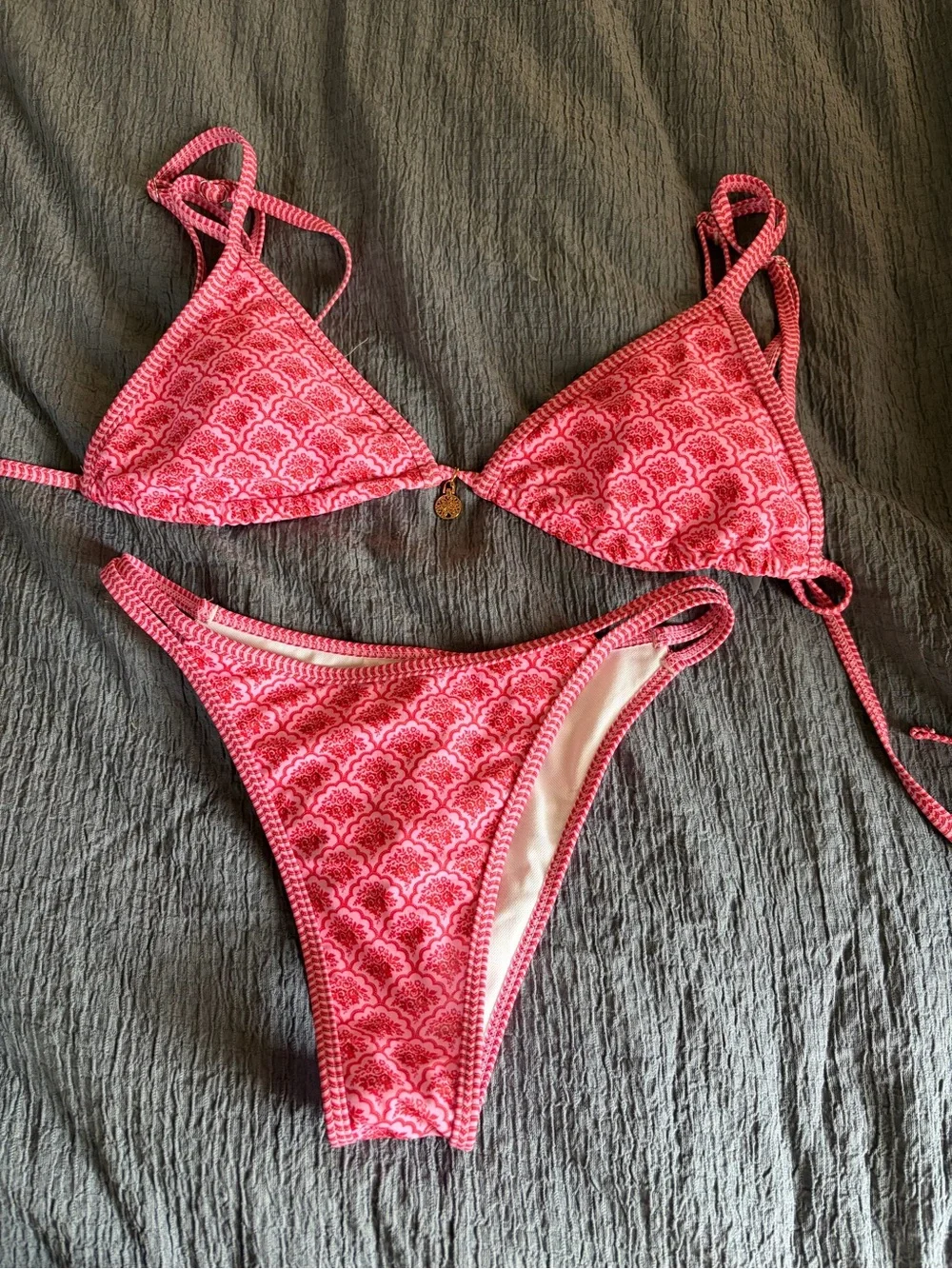 Pink Patterned Triangle Bikini Set - Women's Swim